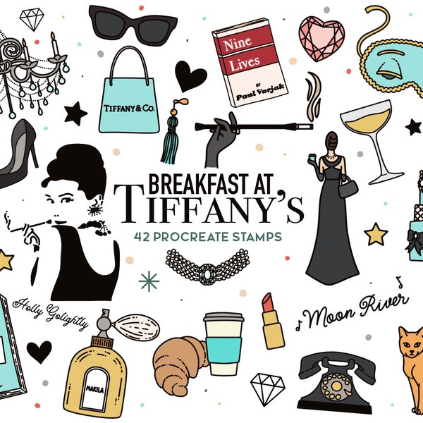 Procreate Stamps Breakfast at Tiffany's, Audrey Hepburn, Holly Golightly, Clipart, Procreate App