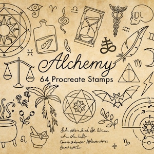 May include: A set of 64 black and white alchemy themed stamps for Procreate. The stamps include symbols, plants, animals, and other mystical elements.