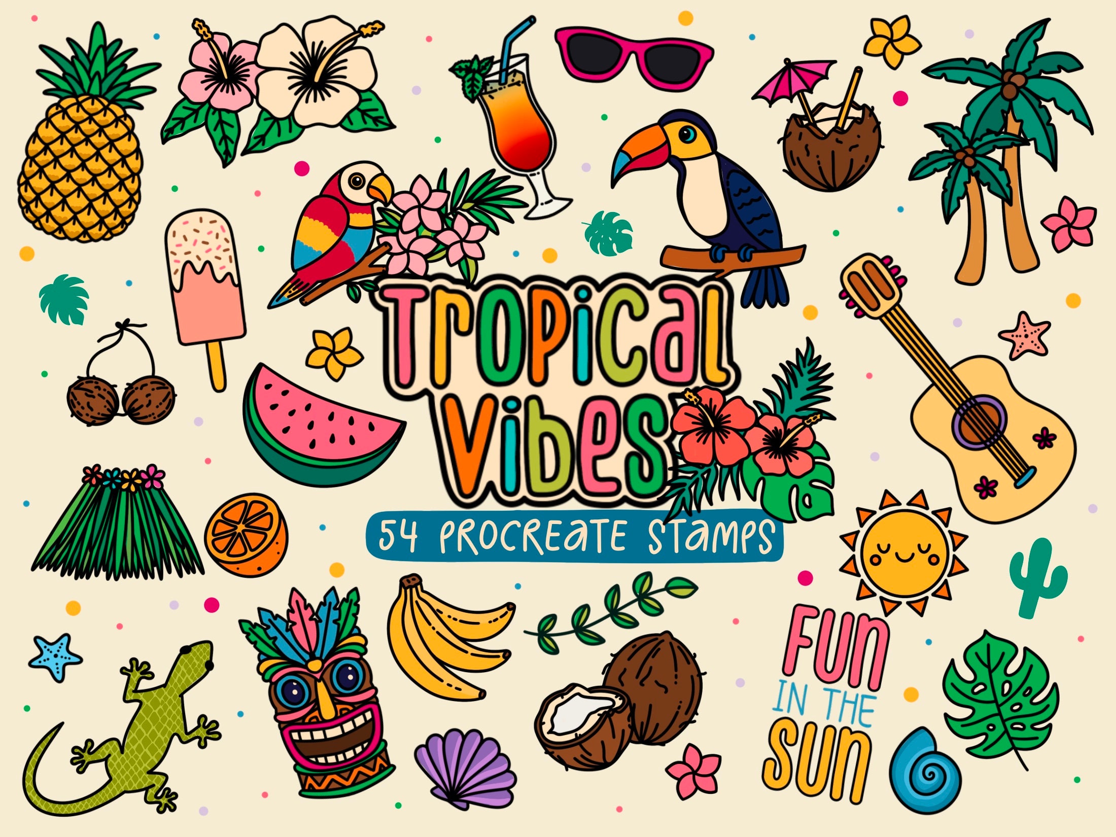 Tropical Procreate Stamps: Summer Doodles Brush Set (digital Download ...