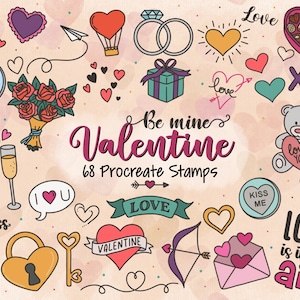 May include: A collection of Valentine's Day themed digital stamps. The image includes hearts, roses, champagne glasses, a teddy bear, and the text "Be mine Valentine 68 Procreate Stamps".