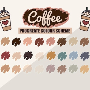 Puede incluir: Una paleta de colores digital de Procreate con 30 muestras de colores en tonos de marrón, beige, gris y azul. La paleta se titula "Coffee" y presenta dos ilustraciones de bebidas de café helado.