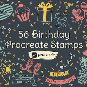56 sellos de cumpleaños para Procreate, pinceles de cumpleaños y fiestas para Procreate