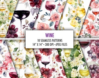 Wijn en bloemen naadloze patronen, aquarel wijn digitaal papier, set van 10 commerciële gratis