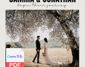 Puede incluir: Un anuncio de boda titulado "Wedding Post" con el titular "SAMIRA & JONATHAN begin their journey." La imagen muestra a una pareja tomados de la mano bajo un árbol. El anuncio incluye la fecha, 5 de junio de 2026, y un logotipo de Canva PDF.