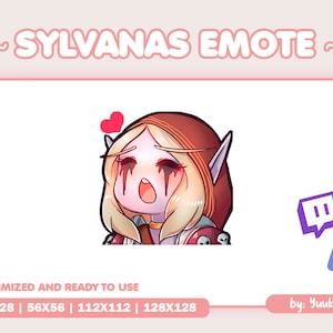 May include: A digital illustration of Sylvanas Windrunner from World of Warcraft, in a chibi style, with a red heart above her head and a surprised expression. She is wearing a red hooded cloak and a dark grey armor with skulls. The image is optimized for use as an emote.