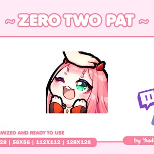 May include: A digital illustration of a pink-haired anime character with green eyes, wearing a red and white outfit. The character is smiling and has a hand on top of their head. The image is labeled "ZERO TWO PAT" and includes the text "OPTIMIZED AND READY TO USE" and "28X28 | 56X56 | 112X112 | 128X128". The image also includes the text "by: Yuukiee".