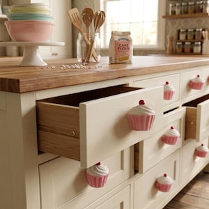 May include: A cream-colored kitchen island with a wooden countertop and cupcake-shaped drawer pulls. The drawers are open, revealing the interior. A bag of cake flour and bowls are visible.