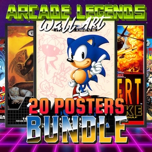 May include: A collage of 20 retro video game posters featuring characters like Sonic the Hedgehog, a red and blue character from Street Fighter, and a character from the game Altered Beast. The posters are framed in black and set against a pink and blue grid background. The text "ARCADE LEGENDS Wall Art 20 POSTERS BUNDLE" is displayed in the center of the image.