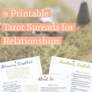 May include: Printable tarot spreads for relationships. The spreads are titled "Growing Together" and "Resolving Conflict". The spreads are designed to help you explore your relationship with your partner.