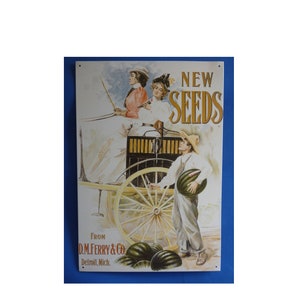 May include: Vintage metal sign advertising New Seeds from D.M. Ferry & Co. in Detroit, Michigan. The sign features a colorful illustration of three people riding in a horse-drawn carriage with watermelons in the foreground.