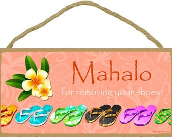 Mahalo voor het uitdoen van je schoenen! Leuke teenslippers Hawaiiaans strand oceaanzwembad houten hangend bord gemaakt in de VS 10 x 5 inch snelle GRATIS verzending NIEUW B32