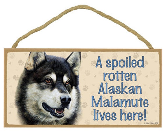 A spoiled rotten Alaskan Malamute lives here! Made In USA Cute Wood Hanging Dog Sign Gift Home Decor 10" X 5"  Fast FREE Shipping NEW 468