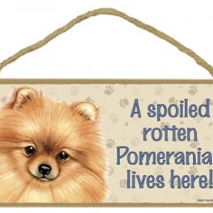 A spoiled rotten Pomeranian lives here! Paw Prints & Hearts Cute Made In USA Wood Hanging Dog Sign 10&quot; X 5&quot;  Fast FREE Shipping NEW 123
