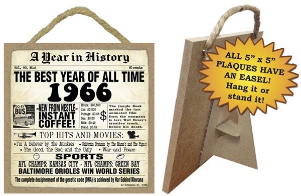 1966 een jaar in de geschiedenis Onthoud wanneer... Kosten films nieuws... Verjaardag jaar 5 "x 5" muur of tafelblad houten bord gemaakt in de VS GRATIS verzending A7