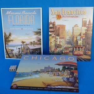Florida San Francisco Chicago Look retrò vintage unico Travel Airlines Targa in metallo Set da 3 pezzi Prodotto negli Stati Uniti Fuori stampa Nuovo vecchio stock S44