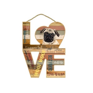 Pug Fawn Love Word Art Wood Cut Out Cute Sayings Dog Sign Made In USA Wood Hanging Sign 11&quot;X8&quot; Fast FREE Shipping NEW L41