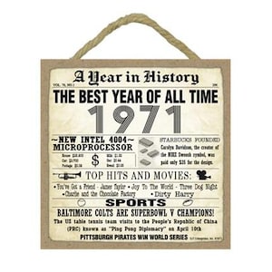 May include: A brown and white vintage-style sign with the text "A Year in History" and "The Best Year of All Time 1971". The sign lists historical events, top hits, and sports highlights from the year 1971.