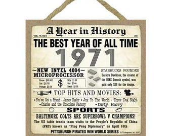 May include: A brown and white vintage-style sign with the text "A Year in History" and "The Best Year of All Time 1971". The sign lists historical events, top hits, and sports highlights from the year 1971.