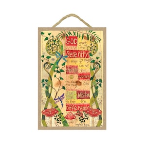 May include: A rectangular wooden wall hanging with a natural fiber rope for hanging. The artwork features the text "God grant me the Serenity..." in a colorful, artistic design with floral and insect illustrations.
