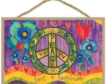 Peace Love Happiness. Cute Colorful With Rainbow Hearts And Flowers Wood Hanging Sign 7"X10.5" Made In USA FREE Shipping NEW 450