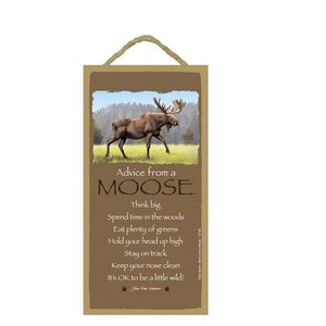 May include: A brown wooden sign with a cartoon moose illustration and the text "Advice from a MOOSE" with a list of advice underneath: "Think big", "Spend time in the woods", "Eat plenty of greens", "Hold your head up high", "Stay on track", "Keep your nose clean", "It's OK to be a little wild!"