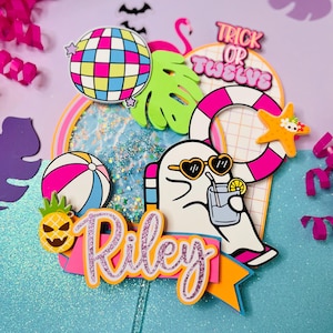 Summerween Cake Topper - Trick or Three - Tropical Halloween Birthday Topper - Ghost Cake Decoration - Vibrant Pool Party Theme