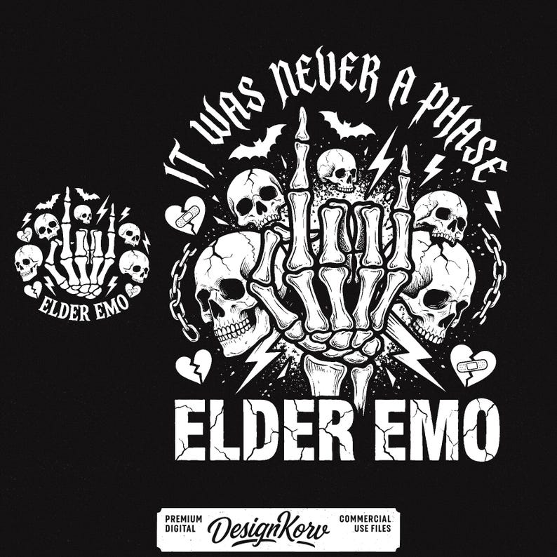 May include: Black and white graphic design featuring a skeletal hand giving the middle finger, surrounded by skulls, lightning bolts, and the text "IT WAS NEVER A PHASE" and "ELDER EMO". Includes a circular design with a skeletal hand and skulls.