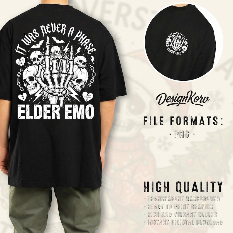 May include: Black t-shirt with a white graphic design featuring skulls, a skeleton hand, and the text "IT WAS NEVER A PHASE" and "ELDER EMO". The design is on the back of the shirt. A smaller version of the design is on the front.