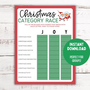 Christmas Category Race Printable Game  | Christmas Party Game | Christmas Printable Games for Kids Adults Teens | Christmas Game Classroom