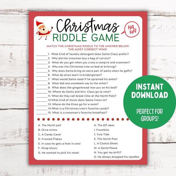 Christmas Riddles Printable Game  | Christmas Game for Kids | Christmas Classroom Game | Christmas Jokes | Christmas Printable Game