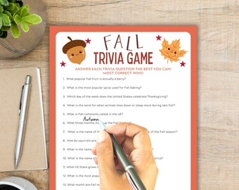 May include: A printable Fall trivia game with 15 questions. The game features a cartoon acorn and a cartoon leaf with smiling faces. The questions include: What popular Fall fruit is actually a berry? What is the most popular spice used for Fall baking? Which day of the week does the United States celebrate Thanksgiving? What is the word for when animals slow down or sleep more during late Fall? What is Fall commonly called in the UK? What three months make up the Fall season? What is the name of the first day of Fall? How do squirrels prepare for winter? What is the name of the first day of Fall? What is the name of the first day of Fall? What US State grows the most pumpkins? What is the most popular Fall activity? What month are Fall leaves most vibrant? What insect migrates for the winter? What is the most popular Fall dessert?