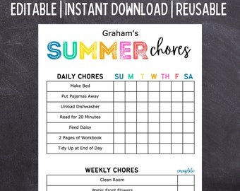 Printable Editable SUMMER Daily & Weekly Kids Chore Responsibility Chart | Instant Download | Kids Routine Chart | Summer Routine