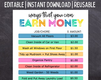 Printable Editable Kids Chore and Responsibility Chart | Ways to Earn Money | Instant Download | Kids Routine Chart | Summer Routine