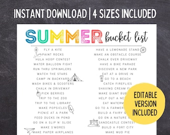 Printable SUMMER Bucket List| US Letter A4 Poster Size US Legal Size | Summer Activities for Kids