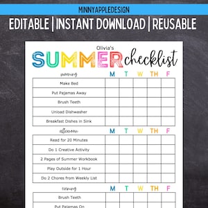 Druckbare bearbeitbare SOMMER Tägliche Checkliste für Kinder | Haushaltstabelle für Kinder | Sommerregeln | Sommer Routine |  Sofort Download