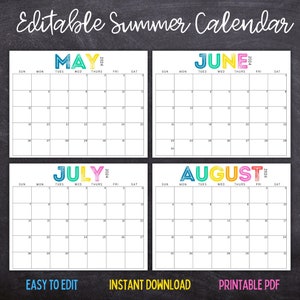Printable Editable SUMMER Calendar June, July, August Calendar | June 2023 | July 2023 | August 2023 | Summer Planner
