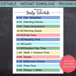 Printable Editable Daily Schedule | Homeschool Daily Routine| Distance Learning Schedule | Kids Daily Routine | Instant Download | 612MD