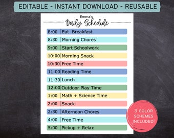 Printable Editable Daily Schedule | Homeschool Daily Routine| Distance Learning Schedule | Kids Daily Routine | Instant Download | 612MD