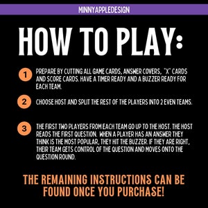 Peut inclure: Un graphique noir et orange avec du texte blanc expliquant comment jouer &agrave; un jeu. Le texte indique "HOW TO PLAY :" et comprend des instructions num&eacute;rot&eacute;es. La premi&egrave;re instruction est "Pr&eacute;parez en coupant toutes les cartes de jeu, les couvertures de r&eacute;ponses, les cartes "X" et les cartes de score. Ayez un chronom&egrave;tre pr&ecirc;t et un buzzer pr&ecirc;t pour chaque &eacute;quipe."