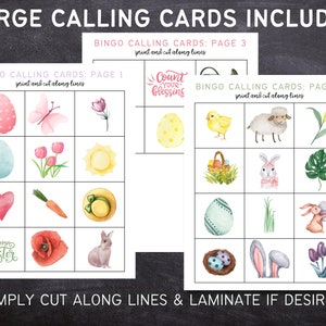 May include: Three printable bingo calling cards with an Easter theme. The cards feature images of a chick, a bunny, a basket of eggs, a heart, a carrot, a sun, a flower, a butterfly, an egg, a hat, a tulip, a leaf, and a nest of eggs. The cards are designed to be printed and cut out along the lines.
