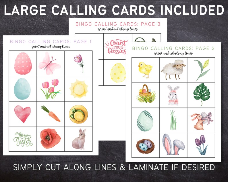 May include: Three printable bingo calling cards with an Easter theme. The cards feature images of a chick, a bunny, a basket of eggs, a heart, a carrot, a sun, a flower, a butterfly, an egg, a hat, a tulip, a leaf, and a nest of eggs. The cards are designed to be printed and cut out along the lines.