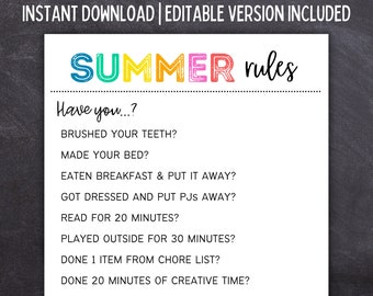 Printable SUMMER Regeln für Kinder | Haushaltstabelle für Kinder | Sommerregeln | Sommer Routine |  Sofort Download