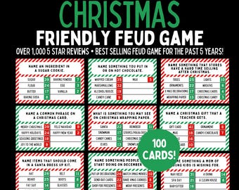 Puede incluir: Un juego de mesa Christmas Friendly Feud que incluye 100 tarjetas con preguntas de encuesta sobre temas navideños y valores de puntos. Las tarjetas tienen bordes a rayas rojas y verdes, fondo blanco y texto negro. Un círculo verde indica 100 CARDS.