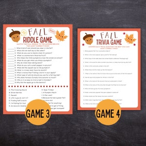 May include: Two printable game cards with a fall theme. The first card is a riddle game with questions about fall and the second card is a trivia game with questions about fall.
