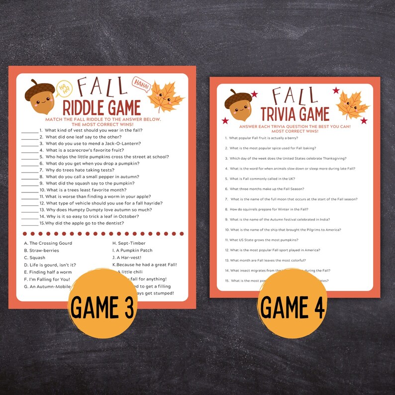 May include: Two printable game cards with a fall theme. The first card is a riddle game with questions about fall and the second card is a trivia game with questions about fall.