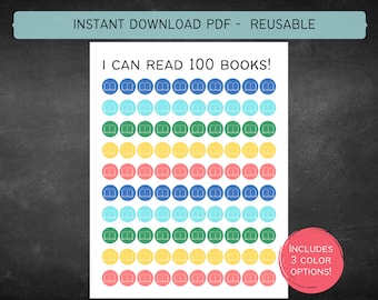 Könnte beinhalten: Druckbare PDF-Seite mit 100 Buch-Symbolen in Blau, Türkis, Grün, Gelb und Rosa. Die Seite sagt "Ich kann 100 Bücher lesen!" und "Enthält 3 Farboptionen!"