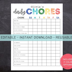 Printable Editable Daily/Weekly Kids Chore Responsibility Chart | Instant Download | Kids Routine Chart | Kids Checklist | 612MD