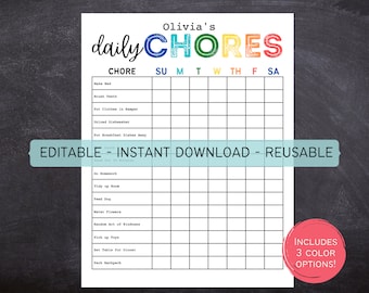 Printable Editable Daily/Weekly Kids Chore Responsibility Chart | Instant Download | Kids Routine Chart | Kids Checklist | 612MD