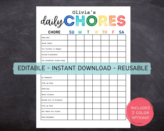 Printable Editable Daily/Weekly Kids Chore Responsibility Chart | Instant Download | Kids Routine Chart | Kids Checklist | 612MD