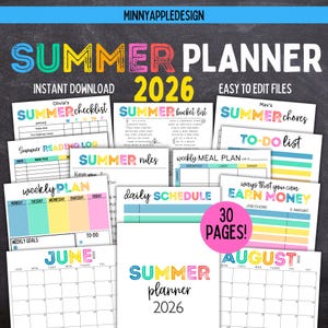 Utskrivbar redigerbar SOMMAR 2026 Planerare Bundle | Sommarkalender | Sommarchecklista | Sommarsysslor | Sommarplanerare | Sysslor för barn